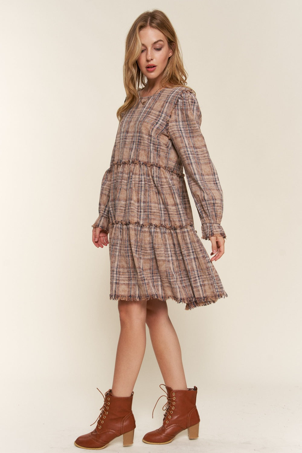 Frayed Tiered Plaid Dress