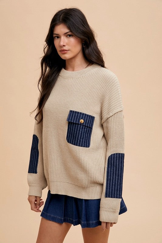 Round Neck Drop Shoulder Sweater with Patch Pocket