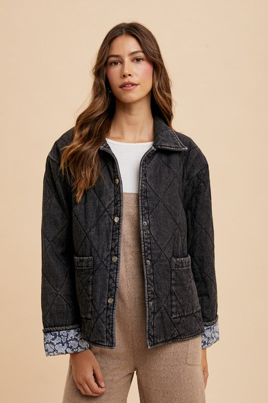 Annie Wear Quilted Printed Lining Snap Down Denim Jacket