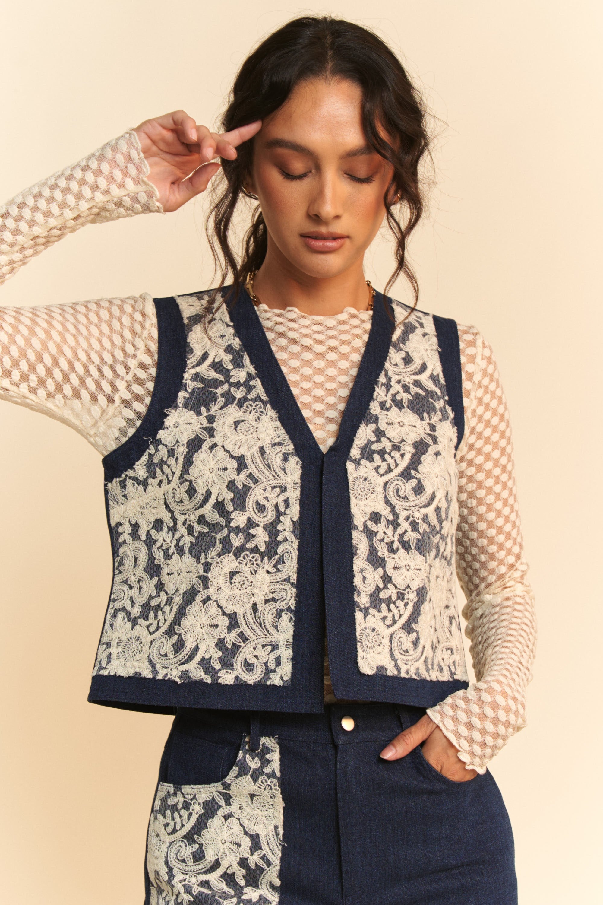 Davi & Dani Lace Patch Open Front Denim Vest