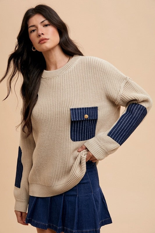 Round Neck Drop Shoulder Sweater with Patch Pocket