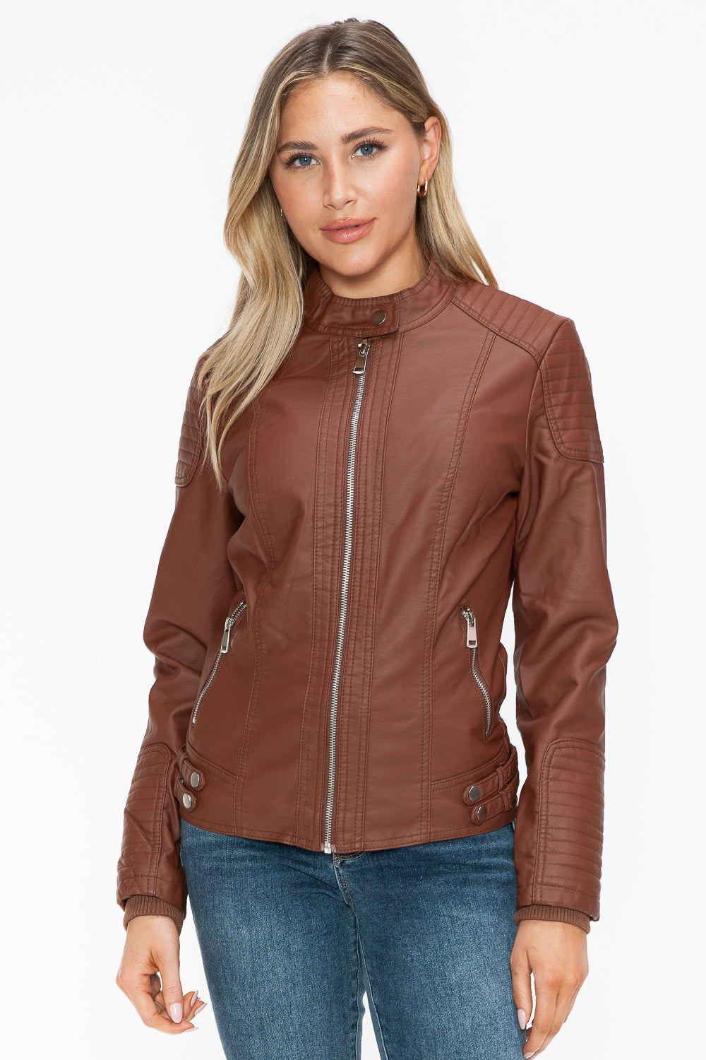 Faux Leather Biker Jacket with Side Zip Pockets