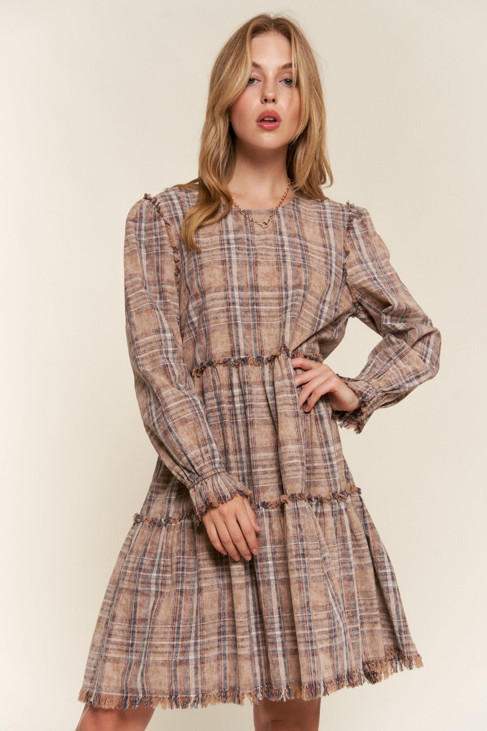 Frayed Tiered Plaid Dress