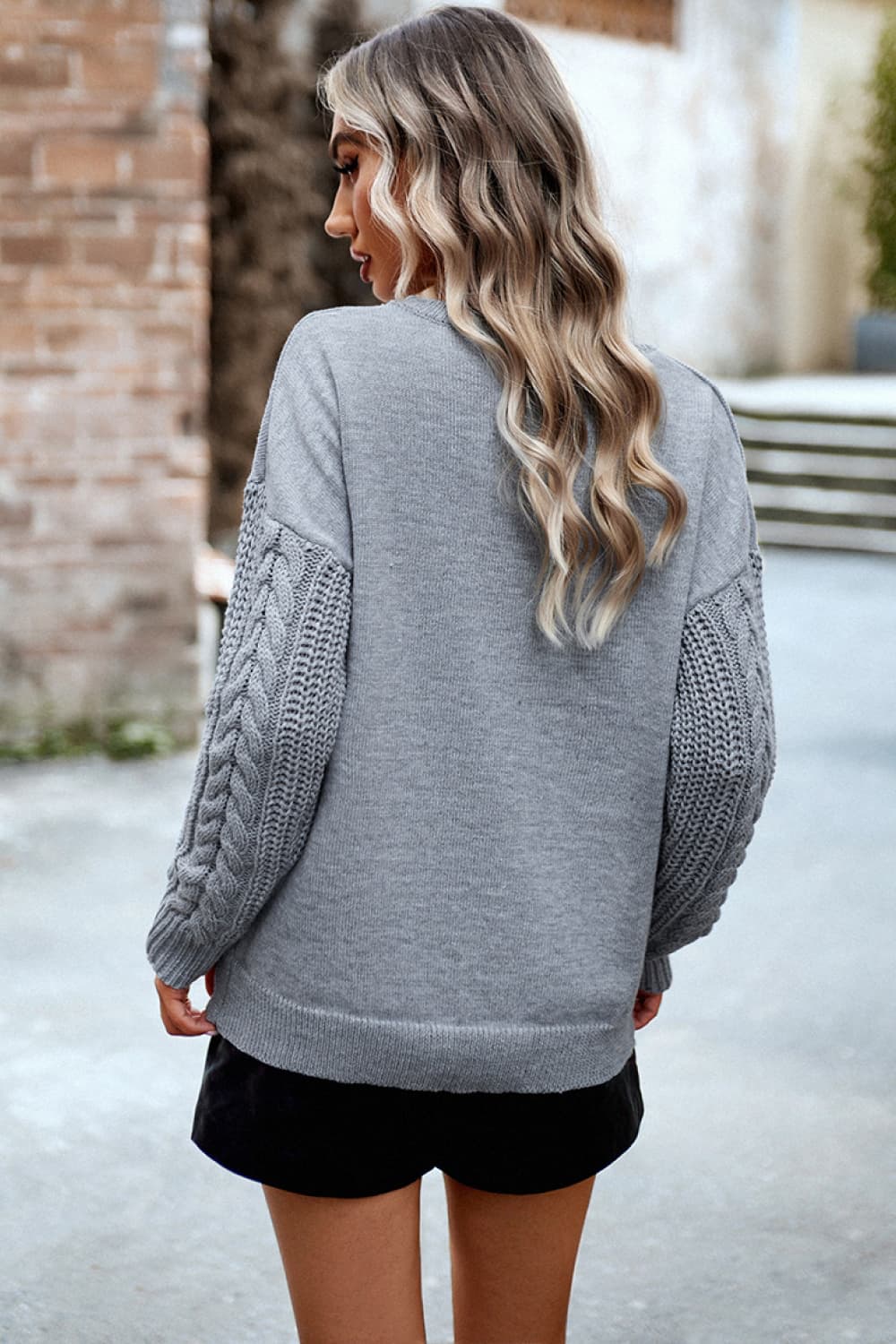 Devine Cable-Knit Round Neck Drop Shoulder Sweater