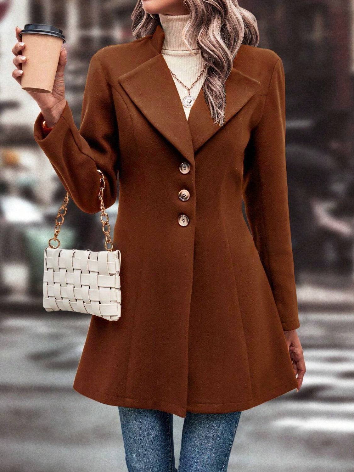 Collared Neck Long Sleeve Longline Coat